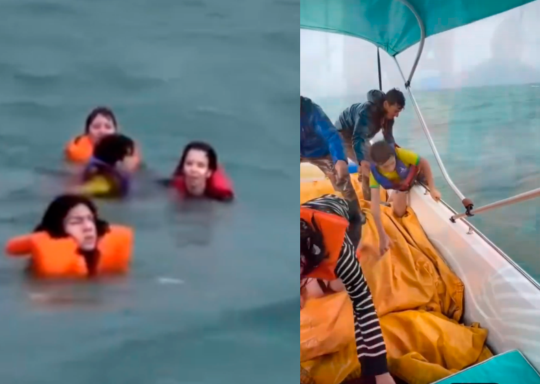 Pescadores resgatando turistas após o naufrágio em Ilha Bela (captura de vídeo de redes sociais)