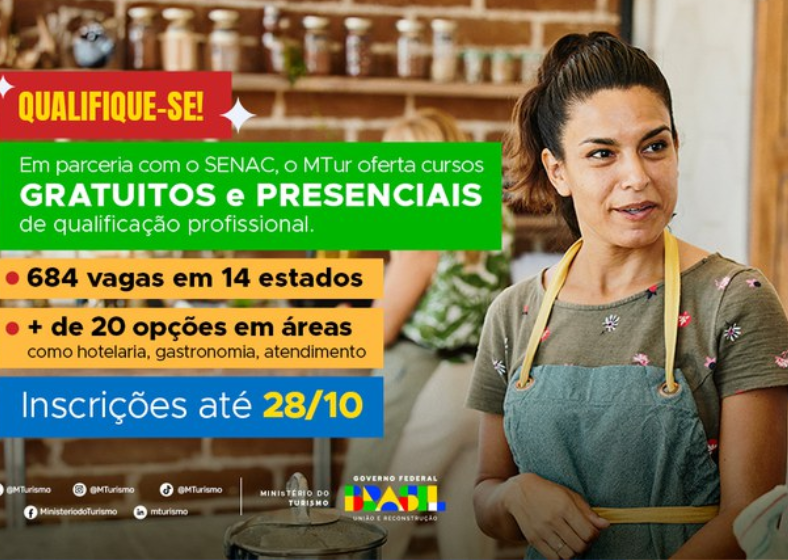 MTur abre inscrições para cursos presenciais gratuitos de qualificação profissional em parceria com SENAC.