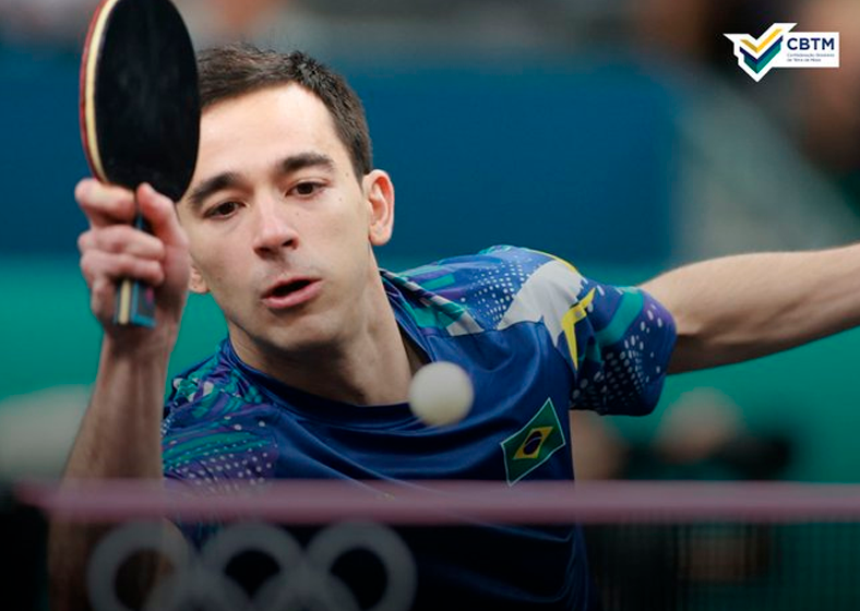 Hugo Calderano é o único brasileiro restante no individual masculino no tênis de mesa. 